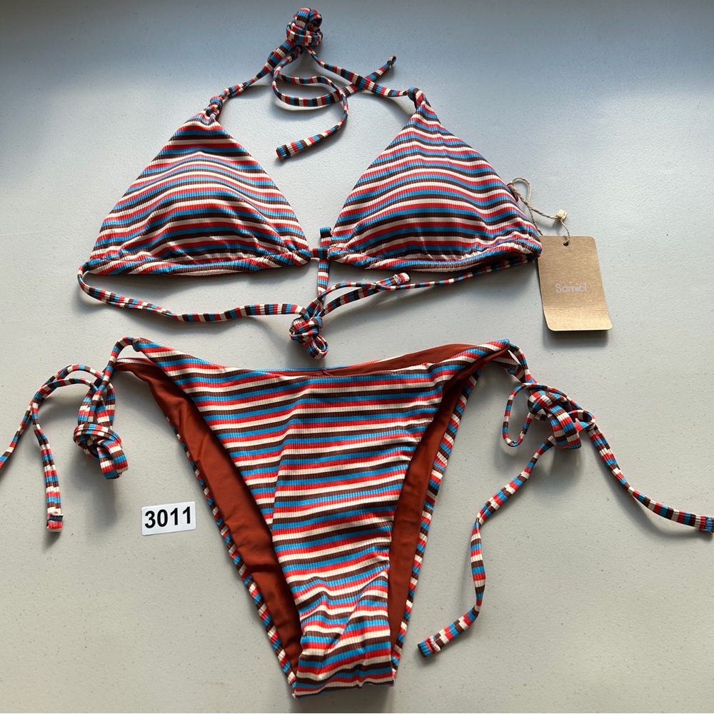 Samiol Medium Brown Colorful Striped Reversible Bikini Set